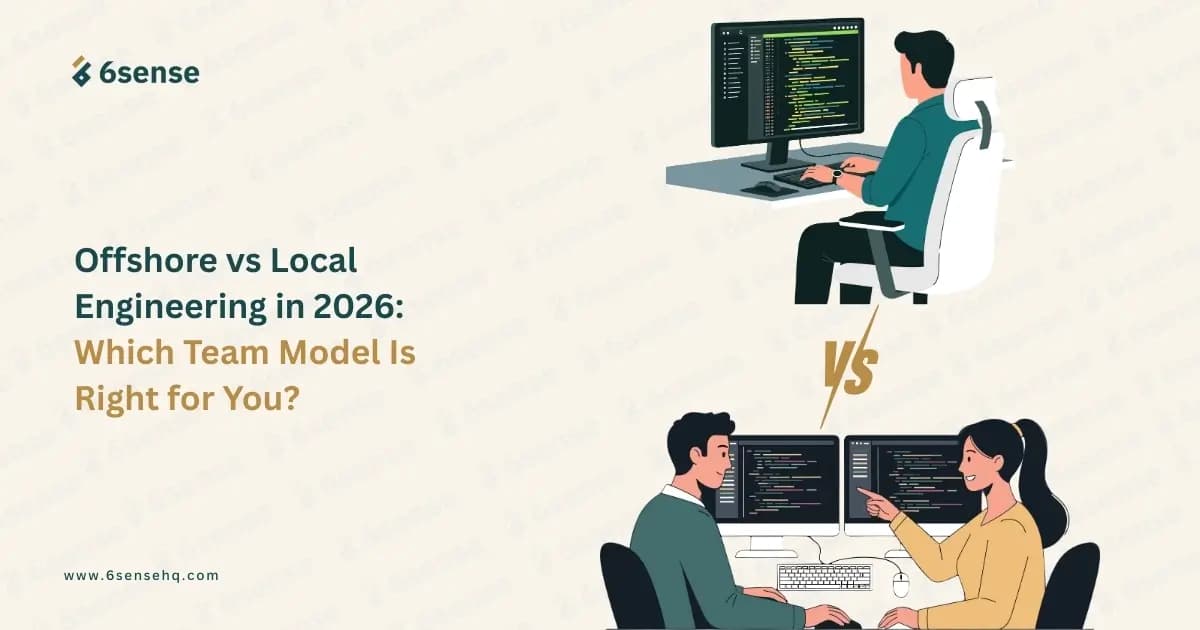 offshore vs local engineering in 2026 graphic showing developers working and a versus comparison