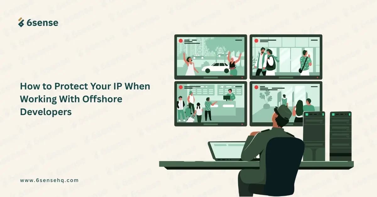 how to protect your ip when working with offshore developers illustrated hero image with person monitoring multiple screens
